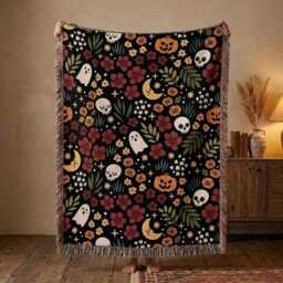 Floral Halloween Woven Blanket, Ghost Pumpkin Skull Throw Spooky Botanical Decor, Gothic Fall Gift - thumbnail 1