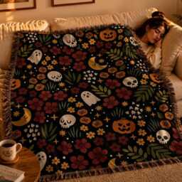 Floral Halloween Woven Blanket, Ghost Pumpkin Skull Throw Spooky Botanical Decor, Gothic Fall Gift - thumbnail 2