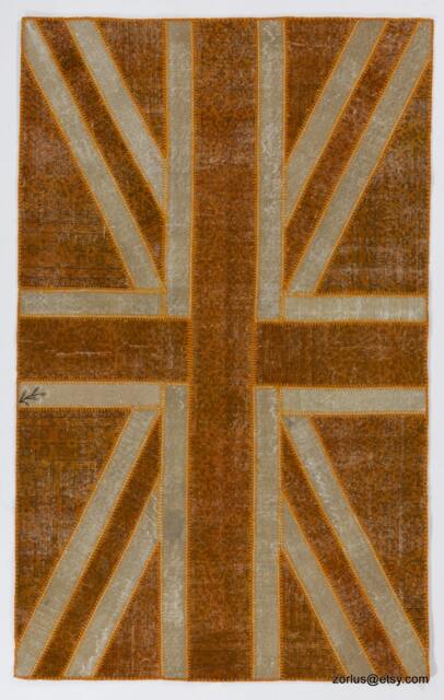 Union Jack Rug Orange British Flag Patchwork, Vintage Turkish Rug - image 1