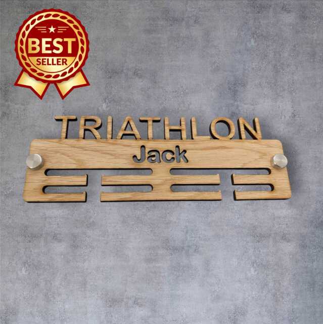 Triathlon Medal Hanger - Wood Colours, Custom Name & Colour - image 1