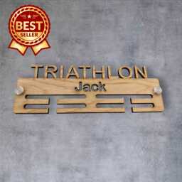 Triathlon Medal Hanger - Wood Colours, Custom Name & Colour - thumbnail 1
