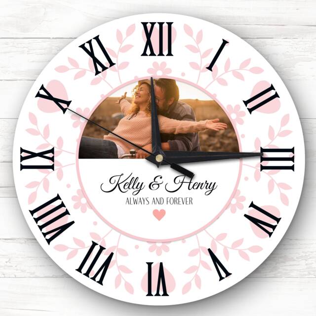 Pink Floral Photo Valentine's Day Gift Birthday Anniversary Personalised Clock - image 1