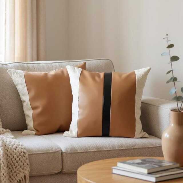 Color Block Pillow Cover Tan Faux Leather & Linen, Minimalist Design - image 1