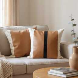 Color Block Pillow Cover Tan Faux Leather & Linen, Minimalist Design - thumbnail 1