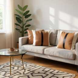 Color Block Pillow Cover Tan Faux Leather & Linen, Minimalist Design - thumbnail 4