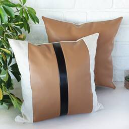Color Block Pillow Cover Tan Faux Leather & Linen, Minimalist Design - thumbnail 3