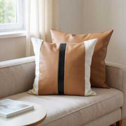 Color Block Pillow Cover Tan Faux Leather & Linen, Minimalist Design - thumbnail 2
