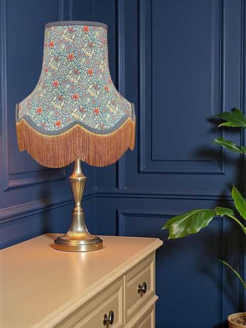 Handcrafted William Morris Snakeshead Blue Fabric Lampshade Slate Braid, Antique Gold Fringe, UK Handmade - image 1