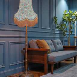 Handcrafted William Morris Snakeshead Blue Fabric Lampshade Slate Braid, Antique Gold Fringe, UK Handmade - thumbnail 2