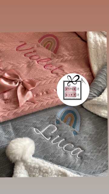 Personalised Baby Cable Knit Rainbow Blanket -Italic Name Embroidered Pom Pom/Sherpa Reverse - image 1