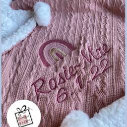 Personalised Baby Cable Knit Rainbow Blanket -Italic Name Embroidered Pom Pom/Sherpa Reverse - thumbnail 2