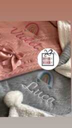 Personalised Baby Cable Knit Rainbow Blanket -Italic Name Embroidered Pom Pom/Sherpa Reverse - thumbnail 1