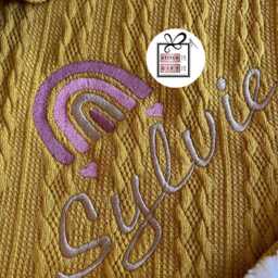 Personalised Baby Cable Knit Rainbow Blanket -Italic Name Embroidered Pom Pom/Sherpa Reverse - thumbnail 3