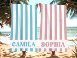 Groovy Striped Personalized Beach Towel, Pool Party Towels, Retro Style Bridesmaid Birthday Vacation Gift For Her, Swimming Club Towel - thumbnail 1
