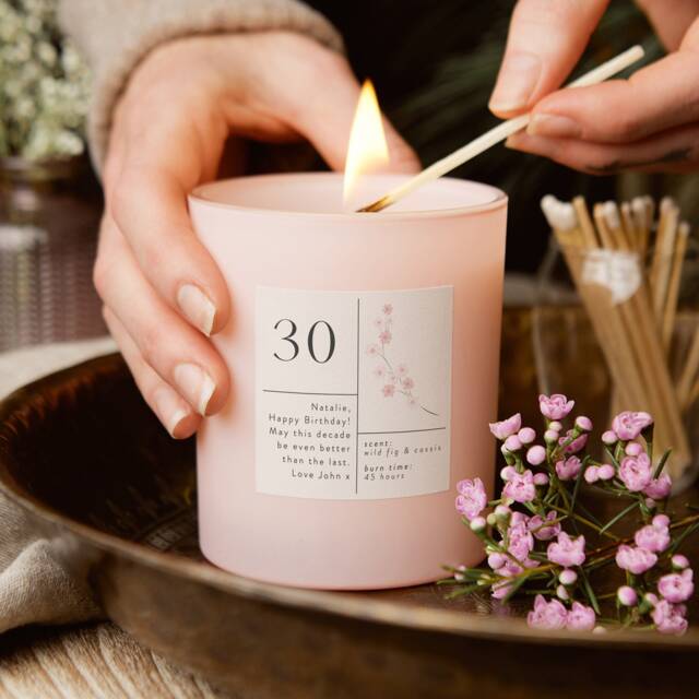 Personalised 30Th Birthday Candle Gift Pink Floral, Natural Wax - image 1