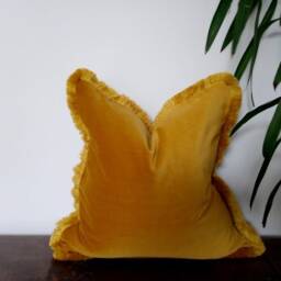 Long Lumbar - Mustard Velvet Throw Pillow Yellow Fringe Cushion - thumbnail 4