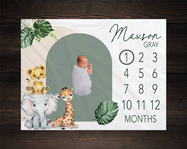 Safari Baby Milestone Blanket Month Growth Tracker Fleece Shower Tribal Newborn Gift Animals Bm29 - image 1
