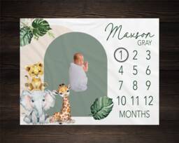 Safari Baby Milestone Blanket Month Growth Tracker Fleece Shower Tribal Newborn Gift Animals Bm29