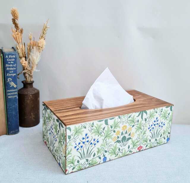 William Morris Bluebells Tissue Cover Box, Luxury Pine, Floral Wildflowers Design, Hand Decorated - image 1
