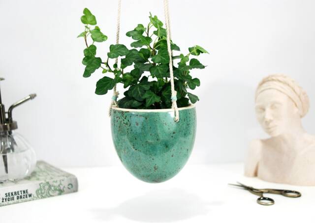 Turquoise Hanging Planter Handmade Ceramic Indoor Plant Pot - image 1