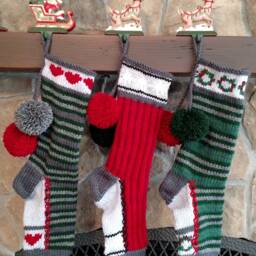 Hand Knit Christmas Stocking Elf Stripe Green Gray Cherry Red Heart Detail By Santa's Works - thumbnail 3