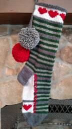 Hand Knit Christmas Stocking Elf Stripe Green Gray Cherry Red Heart Detail By Santa's Works - thumbnail 1