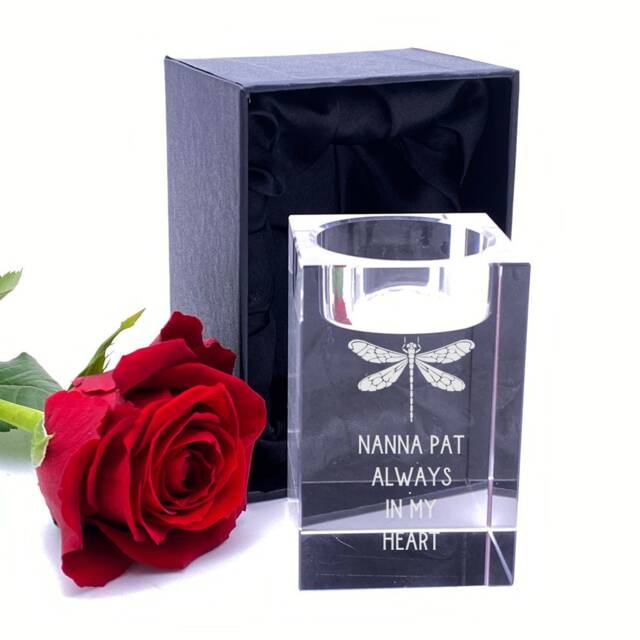 Personalised Crystal Glass Dragonfly Design Tea Light Candle Holder - image 1
