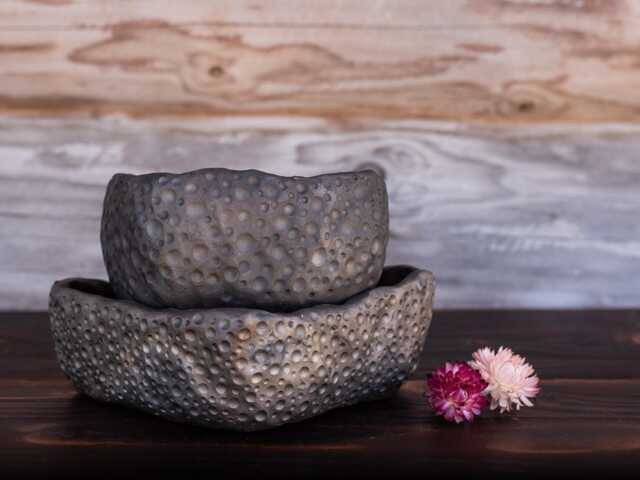 Dotted Decorative Handmade Black Ceramic Planter For Indoor Plants. Textured Rectangular Pottery Unglazed Pot. Modern, Minimalist - image 1