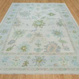 Cream Oushak Rug, 9x12 Hand-Knotted Wool Floral Vine Design Ar_3726 - thumbnail 3