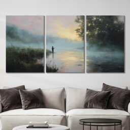 Fly Fishing River 3 Panel Split Canvas Wall Art Misty Dawn Landscape Angler Casting Oil Painting Framed Home Decor Outdoor Sport - thumbnail 2