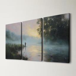 Fly Fishing River 3 Panel Split Canvas Wall Art Misty Dawn Landscape Angler Casting Oil Painting Framed Home Decor Outdoor Sport - thumbnail 1