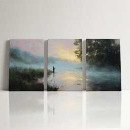 Fly Fishing River 3 Panel Split Canvas Wall Art Misty Dawn Landscape Angler Casting Oil Painting Framed Home Decor Outdoor Sport - thumbnail 3
