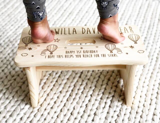 1St Birthday Gift, Unisex, Personalised Stool, Chair, Childs Kids Hot Air Balloons, Clouds, Wood Stool - image 1
