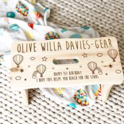1St Birthday Gift, Unisex, Personalised Stool, Chair, Childs Kids Hot Air Balloons, Clouds, Wood Stool - thumbnail 2