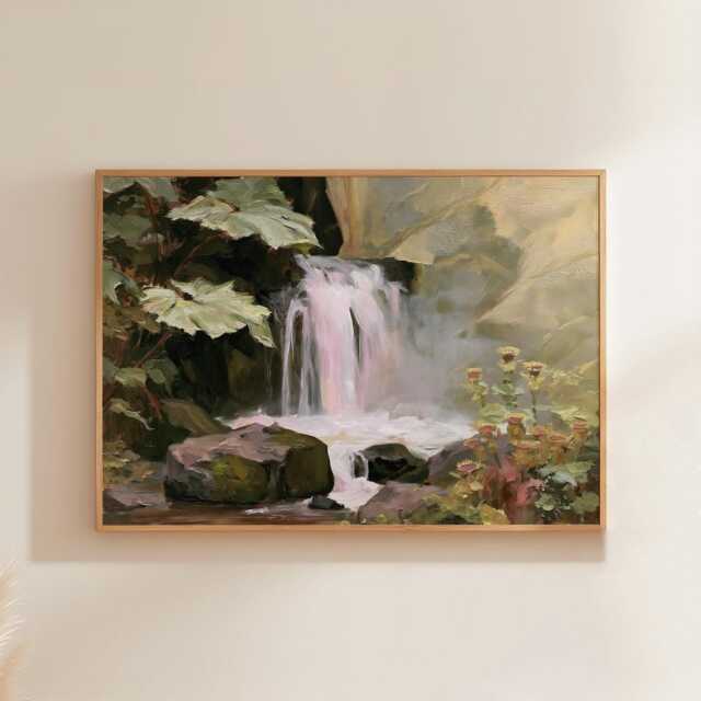 Forest Waterfall Poster, Green Landscape Print, Nature Wall Art, Paper - image 1