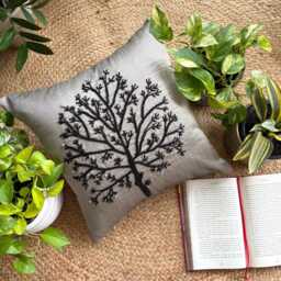 Nature & Floral Pattern Beaded Art Silk Pillow Sham, 24x24/26x26, Contemporary Style Euro Square Pillowcase - Silver Tree Of Life