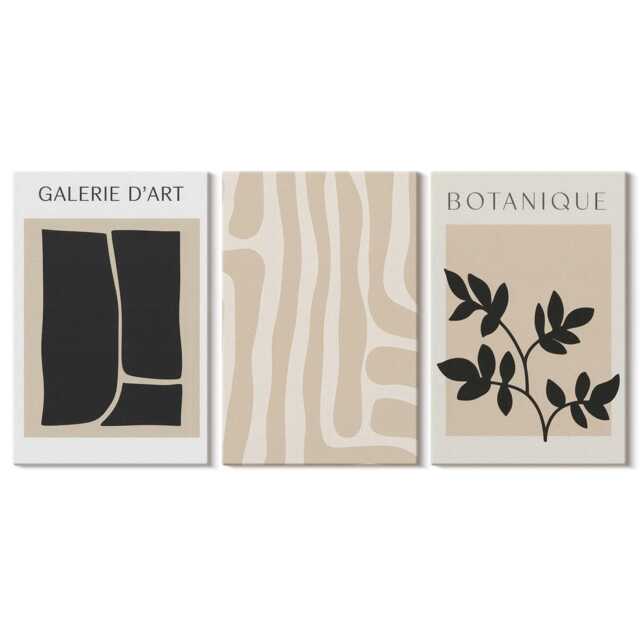 Set Of 3 Canvas Prints - Shapes & Plant Motifs in Neutral Tones, Beige Wall Art Canvas, Abstract Decor - image 1