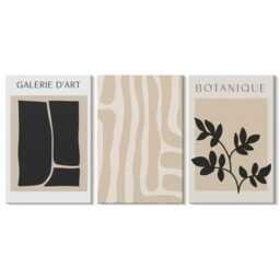 Set Of 3 Canvas Prints - Shapes & Plant Motifs in Neutral Tones, Beige Wall Art Canvas, Abstract Decor - thumbnail 1