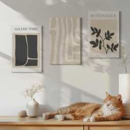 Set Of 3 Canvas Prints - Shapes & Plant Motifs in Neutral Tones, Beige Wall Art Canvas, Abstract Decor - thumbnail 2