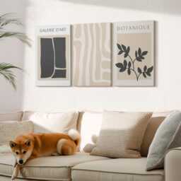 Set Of 3 Canvas Prints - Shapes & Plant Motifs in Neutral Tones, Beige Wall Art Canvas, Abstract Decor - thumbnail 3