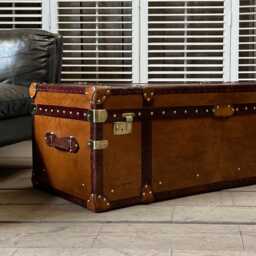 Tan Leather Coffee Table Trunk - Luxury Handmade English Lift Lid Brass Fittings - thumbnail 3