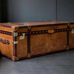 Tan Leather Coffee Table Trunk - Luxury Handmade English Lift Lid Brass Fittings - thumbnail 2