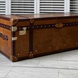 Tan Leather Coffee Table Trunk - Luxury Handmade English Lift Lid Brass Fittings - thumbnail 1