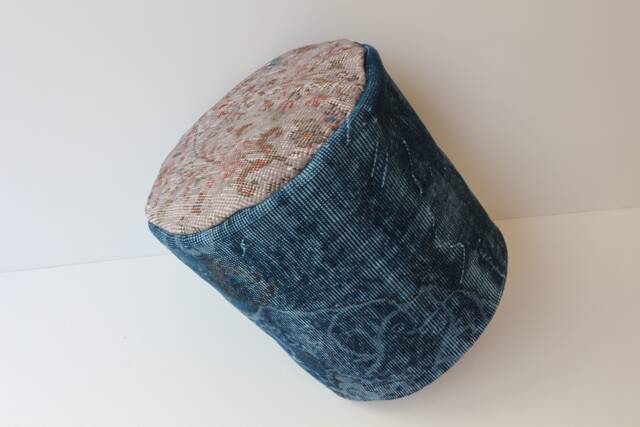 Handmade Wool Pouf Ottoman, Blue Gray Vintage Rug Cover - image 1