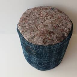 Handmade Wool Pouf Ottoman, Blue Gray Vintage Rug Cover - thumbnail 3