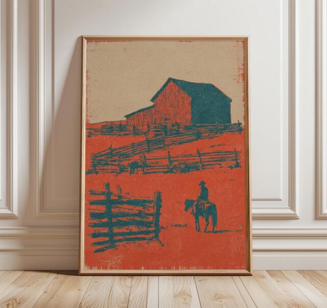 Rustic Barn Landscape Poster, Western Country Art Print - image 1