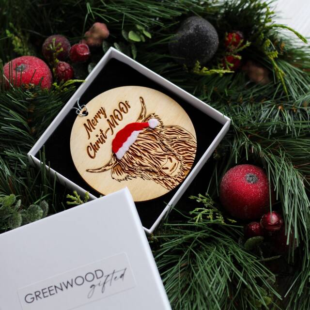 Highland Cow Christmas Tree Ornament - Funny Wooden Animal Decorations Gift Box Optional - image 1