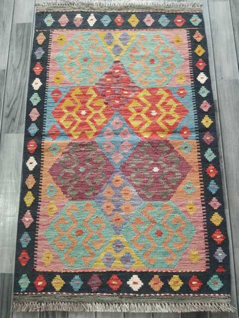 Kilim Rug Multicolour, Handmade Artisan Afghan Turkish Persian Rug, Navajo Moroccan Bohemian Flatweave, Natural Wool Dhurrie 124x77 cm - image 1