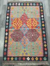 Kilim Rug Multicolour, Handmade Artisan Afghan Turkish Persian Rug, Navajo Moroccan Bohemian Flatweave, Natural Wool Dhurrie 124x77 cm