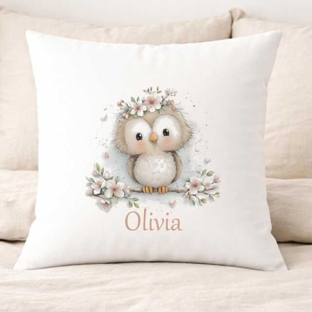 Personalised Owl Cushion Cover, Floral Bird Custom Name Nursery